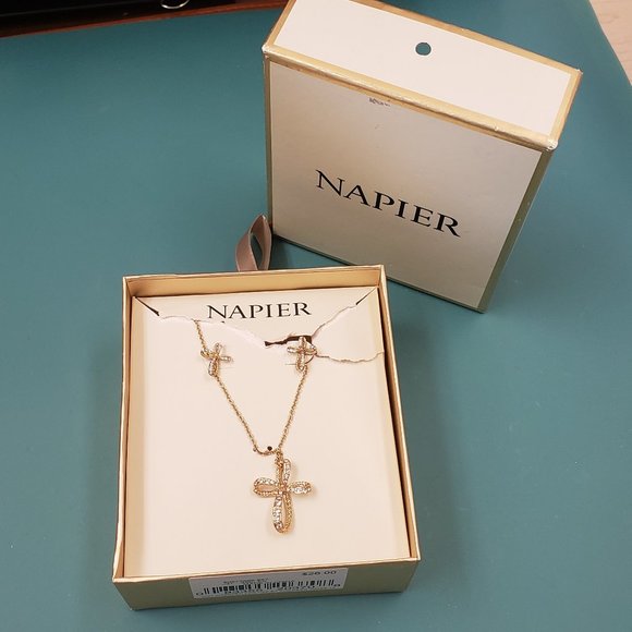 Napier, gold jewel cross pendant necklace & earring set, NWT - Picture 1 of 16